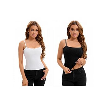 2 Packs Women's Ribbed Camisole Basic Undershirts Unadjustable Spaghetti Strap Cami Tank Top