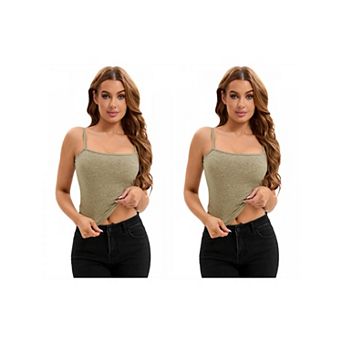 2 Packs Women's Ribbed Camisole Basic Undershirts Unadjustable Spaghetti Strap Cami Tank Top