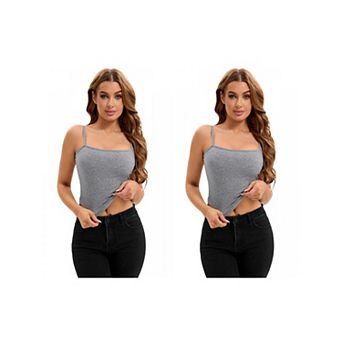 2 Packs Women's Ribbed Camisole Basic Undershirts Unadjustable Spaghetti Strap Cami Tank Top