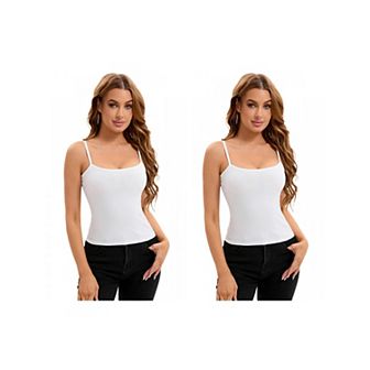 2 Packs Women's Ribbed Camisole Basic Undershirts Unadjustable Spaghetti Strap Cami Tank Top