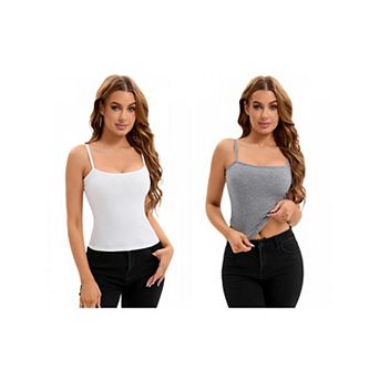 2 Packs Women's Ribbed Camisole Basic Undershirts Unadjustable Spaghetti Strap Cami Tank Top