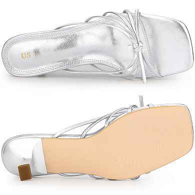 Women's Square Toe Strappy Slip on Kitten Heel Sandals