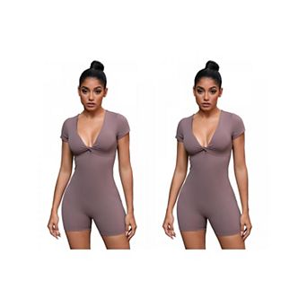 2 Packs Women's Cross Front Bodysuits Tummy Control Slimming Short Sleeve Above Knee Jumpsuit