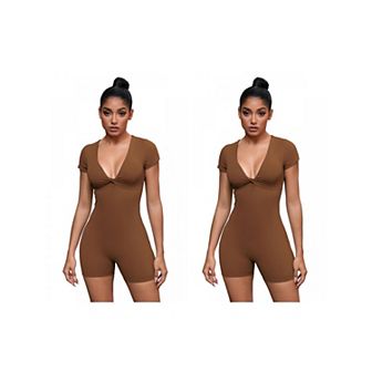 2 Packs Women's Cross Front Bodysuits Tummy Control Slimming Short Sleeve Above Knee Jumpsuit