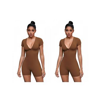 2 Packs Women's Cross Front Bodysuits Tummy Control Slimming Short Sleeve Above Knee Jumpsuit