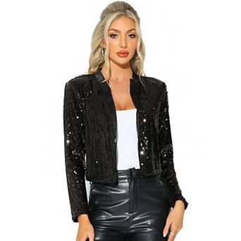 Sequin Crop Jacket for Women's Party Long Sleeve Open Front Sparkle Glitter Blazer