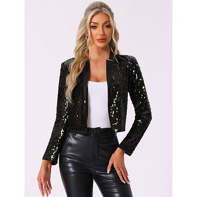 Sequin Crop Jacket for Women's Party Long Sleeve Open Front Sparkle Glitter Blazer