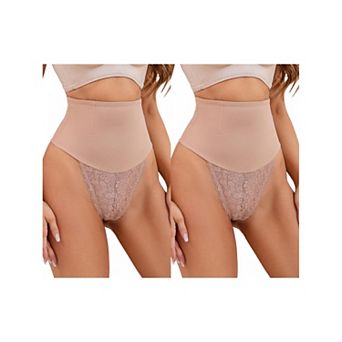 2 Packs Women's Lace Tummy Control Underwear Thongs High Waist Hi-Cut Control Panties