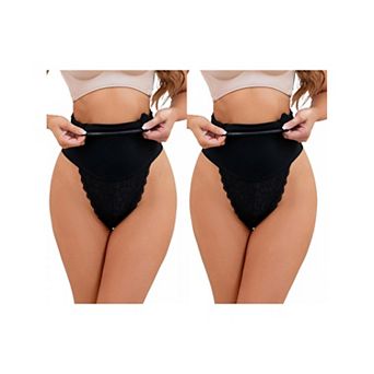 2 Packs Women's Lace Tummy Control Underwear Thongs High Waist Hi-Cut Control Panties