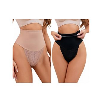 2 Packs Women's Lace Tummy Control Underwear Thongs High Waist Hi-Cut Control Panties