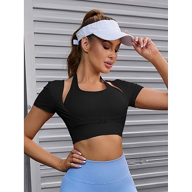 2 Packs Women's Halter Neck Short Sleeve Workout Crop Tops Front Closure Slim Fit t Shirt Top