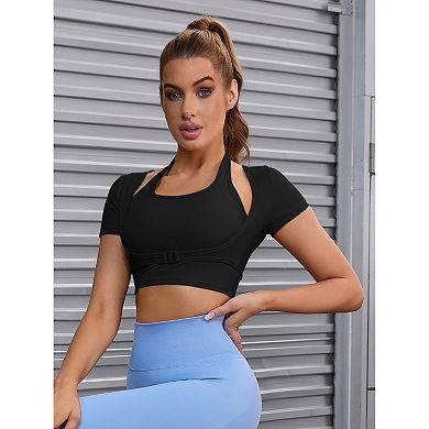 2 Packs Women's Halter Neck Short Sleeve Workout Crop Tops Front Closure Slim Fit t Shirt Top