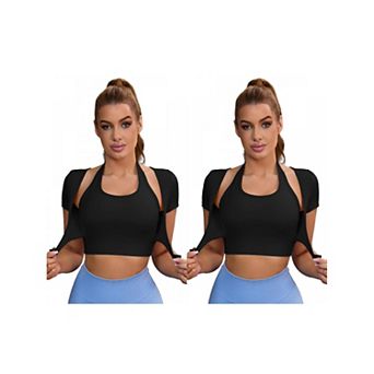 2 Packs Women's Halter Neck Short Sleeve Workout Crop Tops Front Closure Slim Fit t Shirt Top