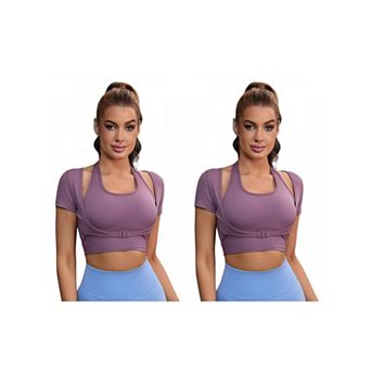 2 Packs Women's Halter Neck Short Sleeve Workout Crop Tops Front Closure Slim Fit t Shirt Top