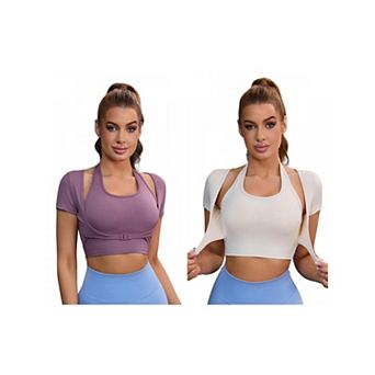 2 Packs Women's Halter Neck Short Sleeve Workout Crop Tops Front Closure Slim Fit t Shirt Top
