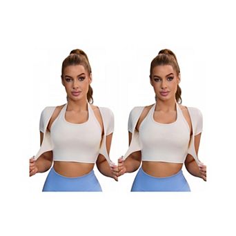2 Packs Women's Halter Neck Short Sleeve Workout Crop Tops Front Closure Slim Fit t Shirt Top