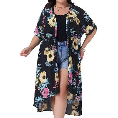 Women's Plus Size Cover Up Floral Print Short Sleeve Kimono Tie Front Beach  Wear Cardigan