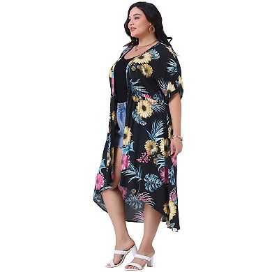 Women's Plus Size Cover Up Floral Print Short Sleeve Kimono Tie Front Beach Wear Cardigan