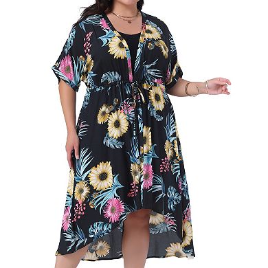 Women's Plus Size Cover Up Floral Print Short Sleeve Kimono Tie Front Beach Wear Cardigan