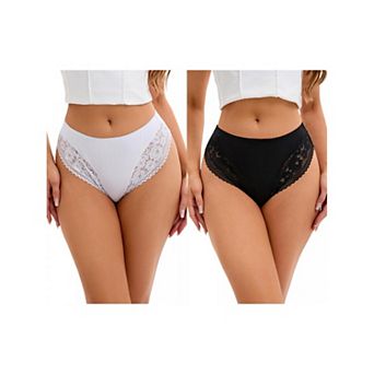 2 Packs Women's Lace Trim Mid-Waisted Thongs Underwear