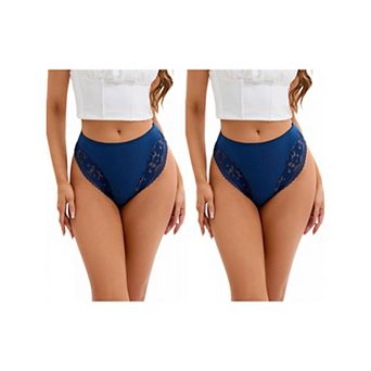2 Packs Women's Lace Trim Mid-Waisted Thongs Underwear