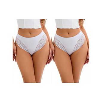 2 Packs Women's Lace Trim Mid-Waisted Thongs Underwear