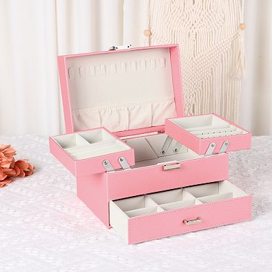 3 Layer Jewelry Box for Birthday Gifts, PU Leather Jewelry Organizer Case with Drawer 9*6*5.5in