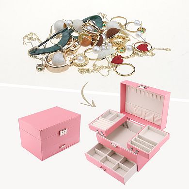 3 Layer Jewelry Box for Birthday Gifts, PU Leather Jewelry Organizer Case with Drawer 9*6*5.5in