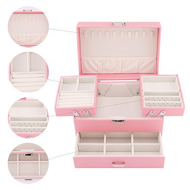3 Layer Jewelry Box for Birthday Gifts, PU Leather Jewelry Organizer Case with Drawer 9*6*5.5in