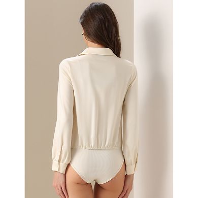 Satin Blouse Bodysuit for Women's V Neck Long Sleeve Business Work Collared Shirt Top Bodysuits