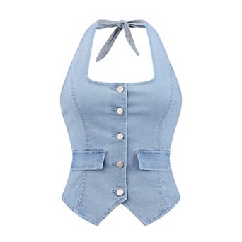 Backless Denim Waistcoat for Women's Self-Tie Halter Neck Vest
