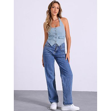 Backless Denim Waistcoat for Women's Self-Tie Halter Neck Vest