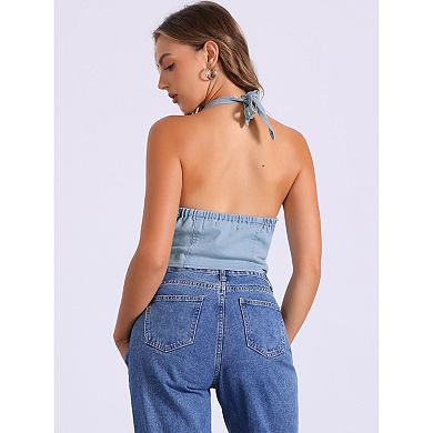 Backless Denim Waistcoat for Women's Self-Tie Halter Neck Vest