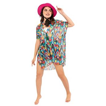 Women's Colorful Zigzag Pattern Beach Wear, Swimwear Sheer Cover-Up