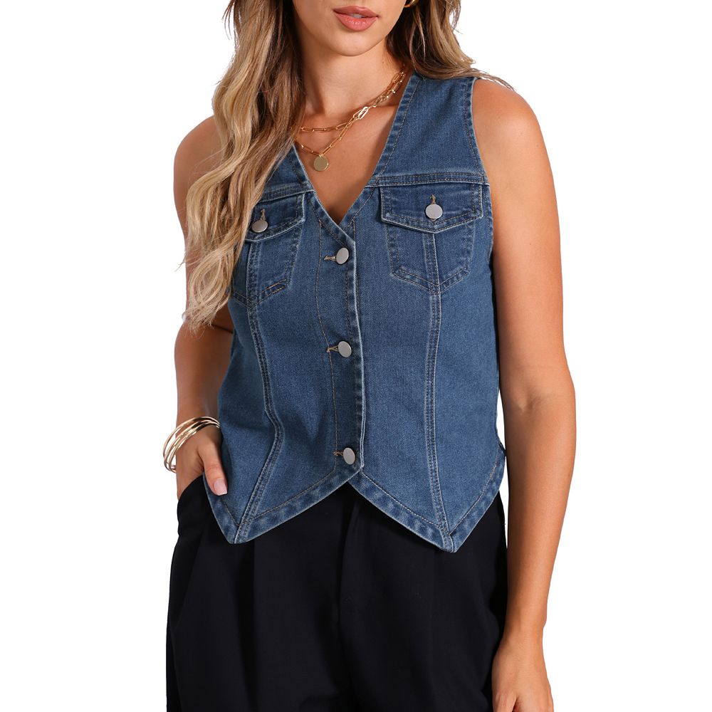 Pocketed Button Up Sleeveless Denim Top main image 0