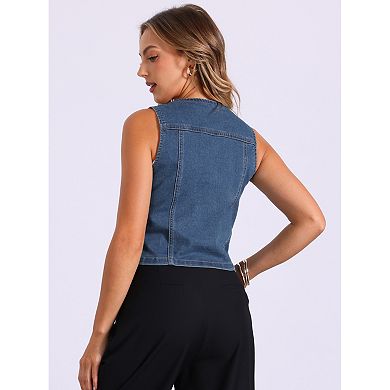 Women's Denim Jacket Sleeveless V Neck Button Down Casual Jean with Pockets Top