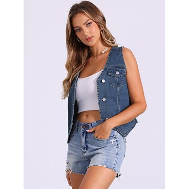Women's Denim Jacket Sleeveless V Neck Button Down Casual Jean with Pockets Top