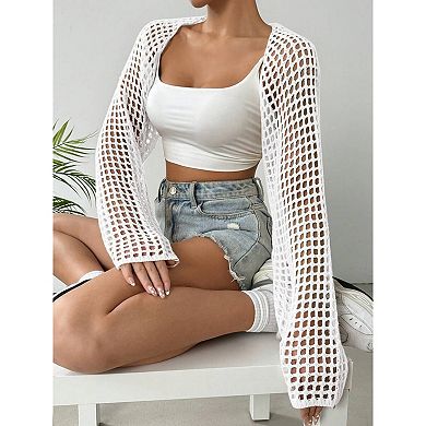 Women's Open Front Knit Shrug Cardigan Long Sleeve Hollow Out Crop Tops