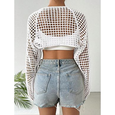 Women's Open Front Knit Shrug Cardigan Long Sleeve Hollow Out Crop Tops