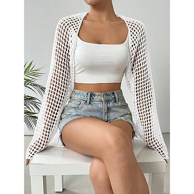 Women's Open Front Knit Shrug Cardigan Long Sleeve Hollow Out Crop Tops