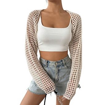 Women's Open Front Knit Shrug Cardigan Long Sleeve Hollow Out Crop Tops