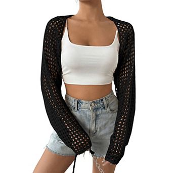Women's Open Front Knit Shrug Cardigan Long Sleeve Hollow Out Crop Tops