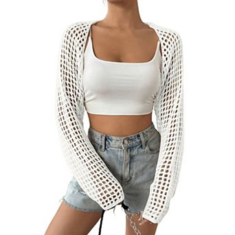 Women's Open Front Knit Shrug Cardigan Long Sleeve Hollow Out Crop Tops