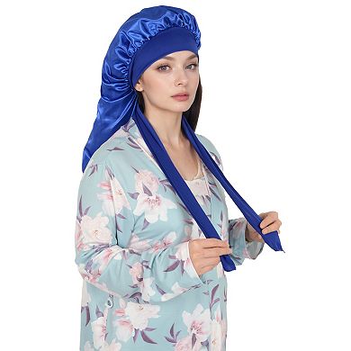 Women's Satin Long Bonnet Cap with Stretch Turban Band for Hair Protection and Moisture Retention