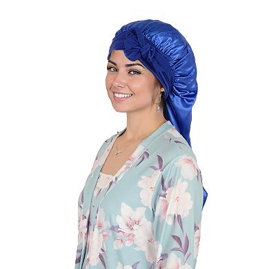 Women's Satin Long Bonnet Cap with Stretch Turban Band for Hair Protection and Moisture Retention