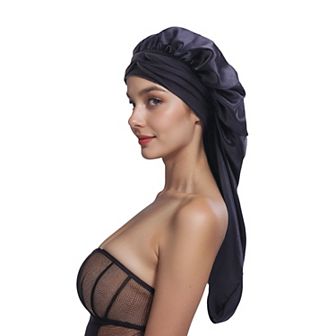 Women's Satin Long Bonnet Cap with Stretch Turban Band for Hair Protection and Moisture Retention
