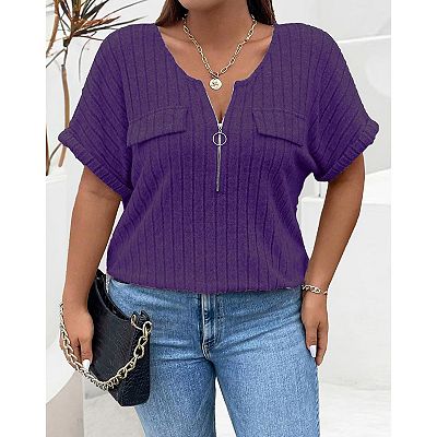 Womens Plus Size Short Sleeve Zipper V Neck Tops Solid Color Tunic