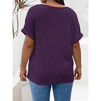 Womens Plus Size Short Sleeve Zipper V Neck Tops Solid Color Tunic Shirts Summer