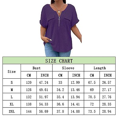 Womens Plus Size Short Sleeve Zipper V Neck Tops Solid Color Tunic Shirts Summer