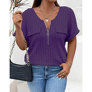 Womens Plus Size Short Sleeve Zipper V Neck Tops Solid Color Tunic Shirts Summer
